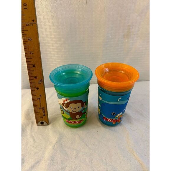 2 Nuby sippy cups Monkey & Sea Creature Blue Orange lot 2016 - Picture 2 of 8